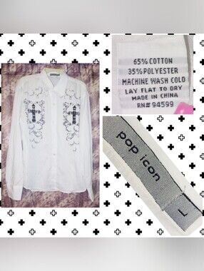 Pop Icon Clothing White w/2 Black Crosses Soft Woven Button Front Shirt Sz Large